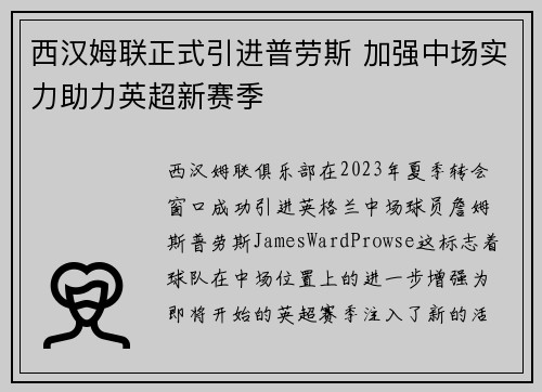 西汉姆联正式引进普劳斯 加强中场实力助力英超新赛季
